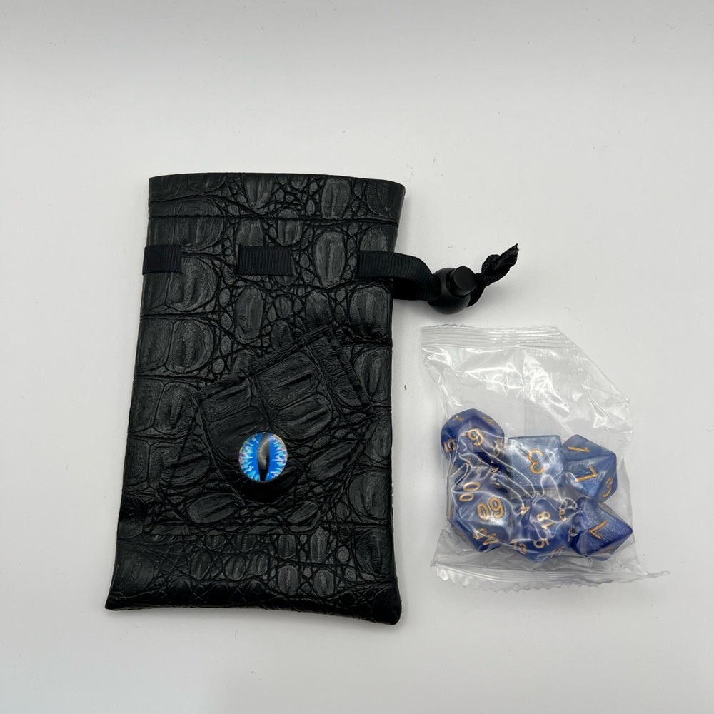 Black Faux Leather Dragonskin Dice Bag with Blue Dice Set